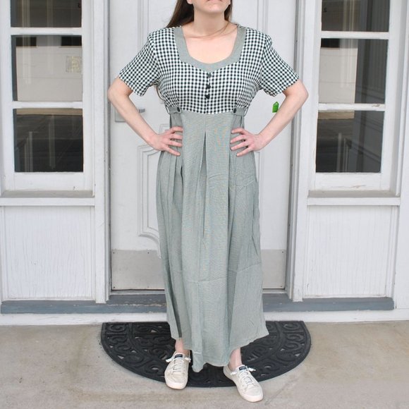 Vintage 90s Gingham Print Dress Short Sleeve Green & Cream Maxi Dress Nu Venture - Picture 1 of 10